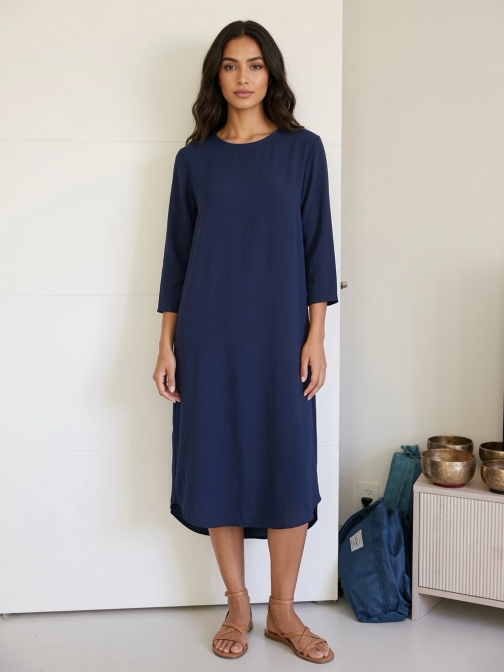 Mimu Maxi XS Classic Navy Midi Dress with Three-Quarter Sleeves